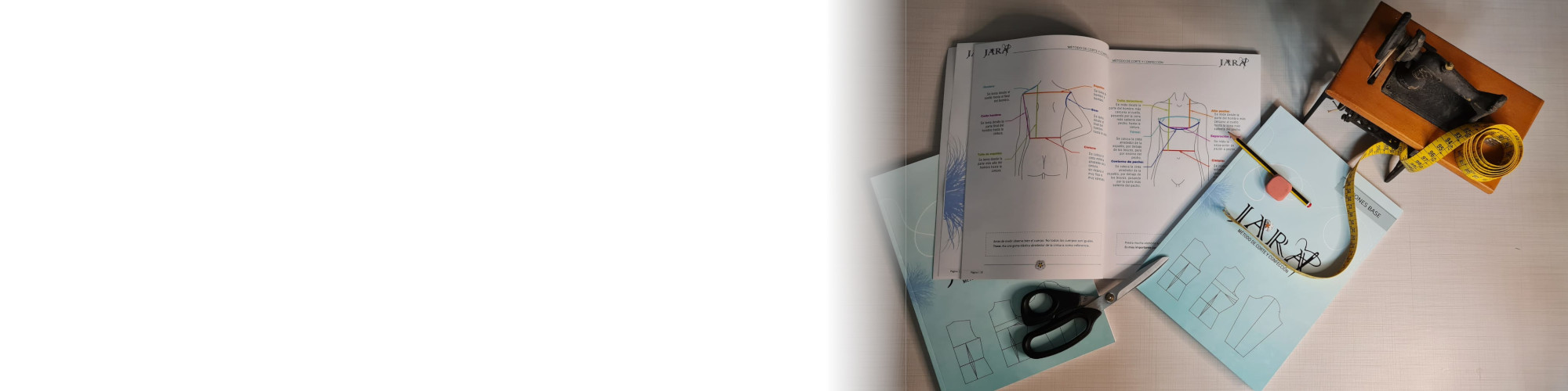 Libro Método Jara Corte y Confección junto a varias herramientas de costura